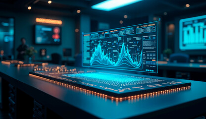 Sleek holographic interface displaying data analytics in a modern control center