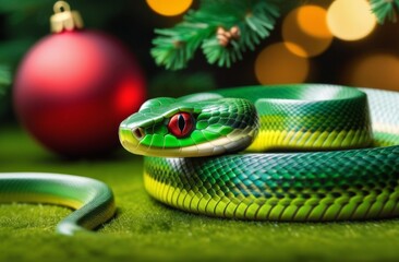 Fototapeta premium A snake in a red Santa Claus hat against the background of a New Year tree and gifts