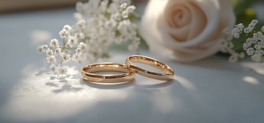 Two gold wedding rings rest near a rose and baby's breath.