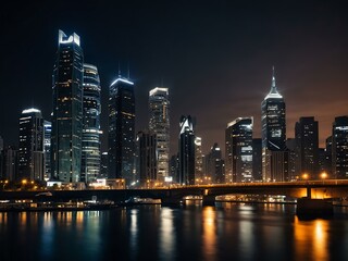 Obraz premium Illuminated cityscape at night with modern nightlife.