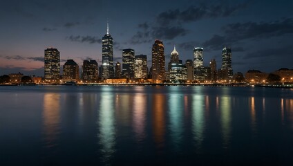 Obraz premium Illuminated cityscape by the water at twilight.