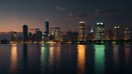 Fototapeta premium Illuminated cityscape by the water at twilight.