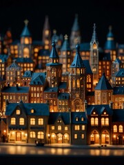 Fototapeta premium Illuminated miniature cityscape with detailed buildings.