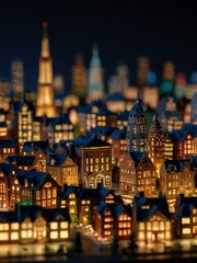Illuminated miniature cityscape with detailed buildings.