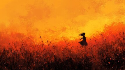 Fototapeta premium Sunset Serenity: A Girl's Joyful Run - A girl joyfully runs through a summer field at sunset, symbolizing freedom, peace, joy, nature, and youth.