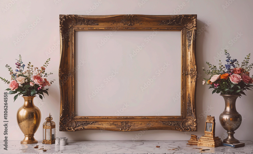 Poster gold framed picture sits on a table next to two vases. the picture is empty. the vases are filled wi