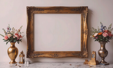 Gold framed picture sits on a table next to two vases. The picture is empty. The vases are filled with flowers