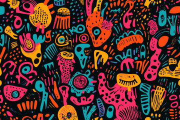 Funky Neon Abstract Doodles on a Black Background