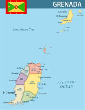 Grenada Map Vector New 2024 Colorful - Customizable layered political map of Grenada with administrative divisions for website, education, reports, news, politics, print, poster and wallpaper