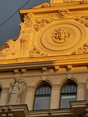 facade of the building, Latvia, Riga, Art Nouveau neighborhood, facade at sunset during summer hollyday. travel for tourism