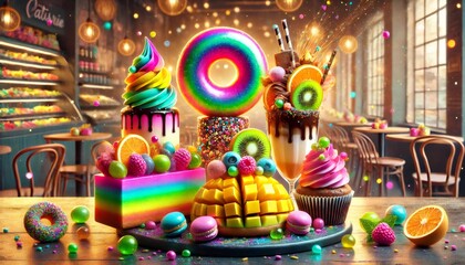 Obraz premium Rainbow pastry fantasy displaying vibrant donuts, cakes, and milkshakes in a festive patisserie