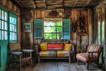 Rustic Wooden Living Room with Colorful Cushions