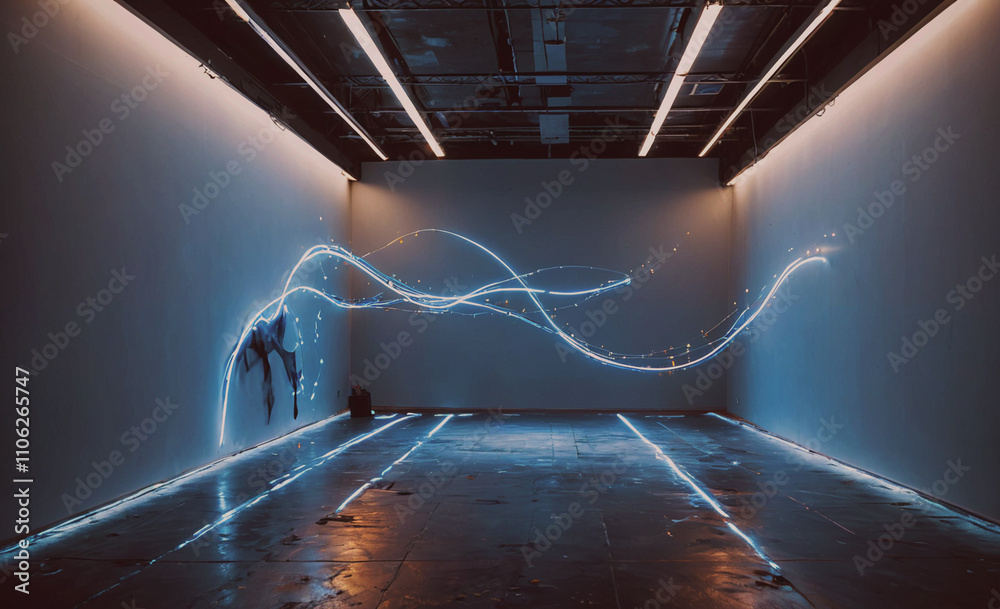 Aufkleber Large room with a wall that has a wave pattern on it. There is a bench in the room