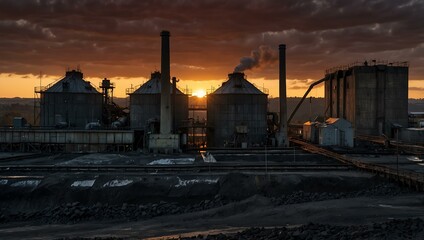 Obraz premium Imposing coal washing facility against a sunset skyline.