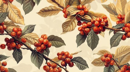Seamless pattern of ripe red berries on branches with leaves.