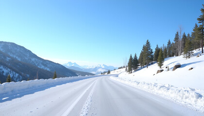 Winter snowy road leading to blue horizon in mountainous area with pine trees under bright sunlight