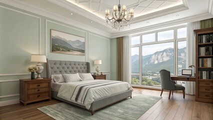 Obraz premium Bedroom hotel interior design. A modern and luxurious bedroom with a large window on the right side. The room has a high ceiling with a chandelier hanging from it and a comfortable bed.