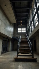 Obraz premium Industrial staircase in modern architecture from a unique perspective.