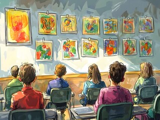 An engaging art class scene where students observe various colorful artworks displayed on a wall, showcasing creativity and artistic expression in a vibrant learning environment.