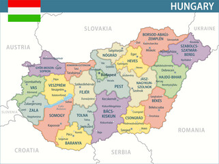 Obraz premium Hungary Map Vector New 2024 Colorful - Customizable layered political map of Hungary with administrative divisions for website, education, reports, news, politics, print, poster and wallpaper
