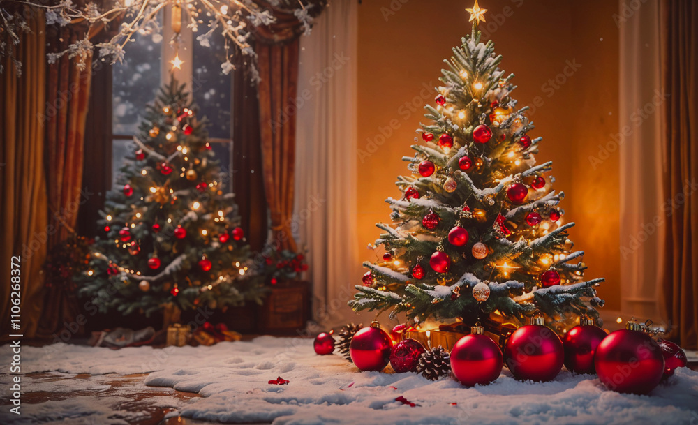 Poster red and green christmas tree with many red balls on the ground. the tree is in a room with a window