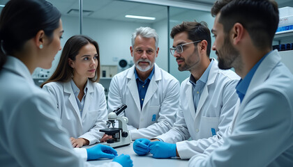 Medical professionals in collaborative team discussion focused on research in laboratory setting