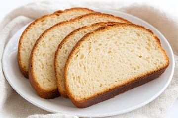 Sliced whole grain bread arranged neatly on a white plate, showcasing its hearty texture and nutritious appeal, set against a clean and simple background