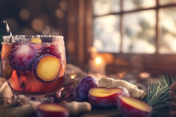A close-up of a plum and ginger cocktail with fresh plum slices, with a defocused cozy cabin setting, exuding warm, comforting vibes.