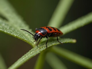 Naklejka premium Insect feeding on a green plant, close-up of a red and black bug.