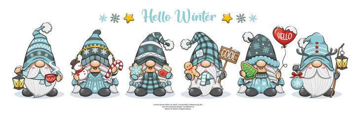 Set Of Hello Winter With Cute Gnome Banner Design, Cartoon Illustration