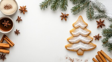 Festively decorated cookie shaped like a Christmas tree features star anise and cinnamon sprinkles against a clean white backdrop