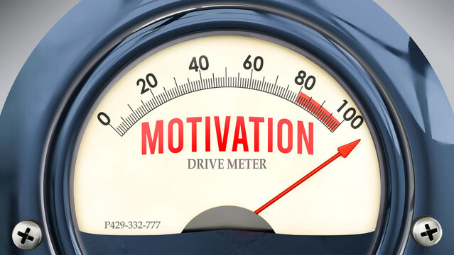 Motivation and Drive Meter that is hitting a full scale, showing a very high level of motivation, overload of it, too much of it. Maximum value, off the charts.  ,3d illustration