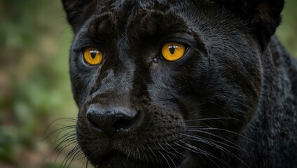 Fototapeta premium Intense close-up of a black panther’s face with yellow eyes.