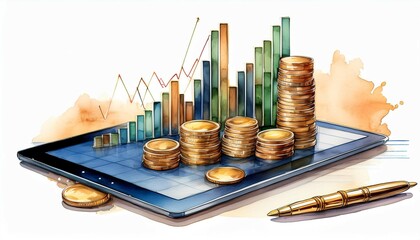 watercolor clipart of a tablet with financial graphs stacks of coins and a golden pen isolated on a white background