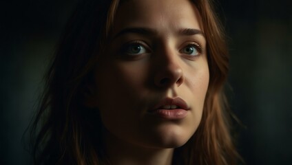 Intense portrait of a woman with upward gaze and dramatic lighting.