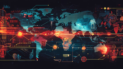 Naklejka premium A conceptual map showing geopolitical tensions: glowing borders, arrows indicating trade and conflict zones, and icons representing diplomacy and technology, in a sleek, infographic-like visual format