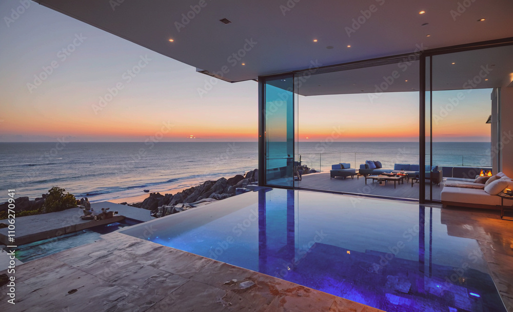 Aufkleber large pool with a view of the ocean. the pool is blue and has a blue light