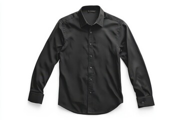 Black long-sleeve shirt with button front and classic collar, isolated on white background, ideal for business, branding, and design projects