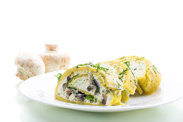 baked potato roll with cottage cheese filling with garlic and mushrooms, isolated on white background