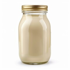 Glass jar full of mayonnaise with golden metal lid on white background