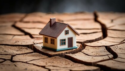 miniature house model on a cracked surface symbolizing housing instability and structural concerns in real estate