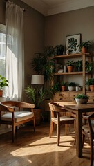 Obraz premium Interior scene with plants and wooden furniture, inviting ambiance.