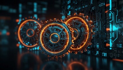 Obraz premium Interlocked gears glowing in a futuristic digital setting.