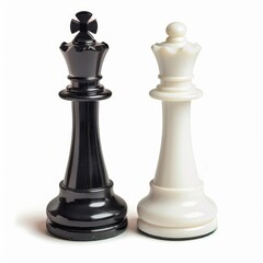 Black and white queen chess pieces standing on white background