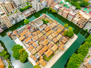 Aerial photography of the ancient dwellings in Nishuiliugui Village, Humen, Dongguan, Guangdong