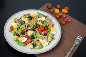 Salad Nicoise -Tuna, with green beans, cherry tomatoes, eggs, cooked potatoes, black olives, anchovies, and a vinaigrette mustard dressing