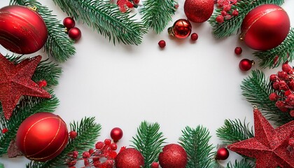 christmas frame border with red and green decorations on white background christmas tree branches red balls holly berries and jingle bells top view flat lay