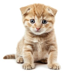 Fototapeta premium Adorable red kitten sitting and posing on white background