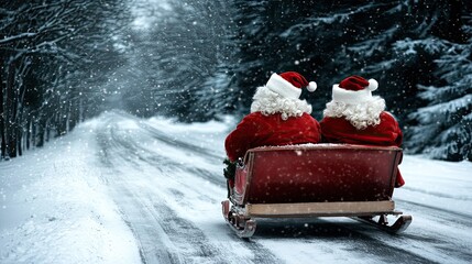 Santa Claus figures enjoy a cozy moment in a sleigh, embraced by the warmth of lights and a snowy forest, creating a joyful holiday atmosphere