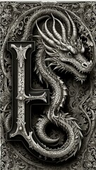 Intricate black-and-white illustration of letter U with ornate dragon design.